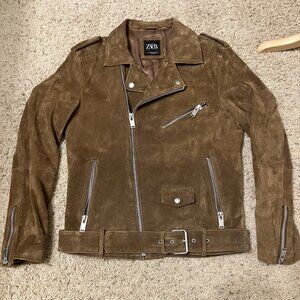 ZARA Suede Motorcycle Jacket BROWN Moto BIKER - Sz M Nice!